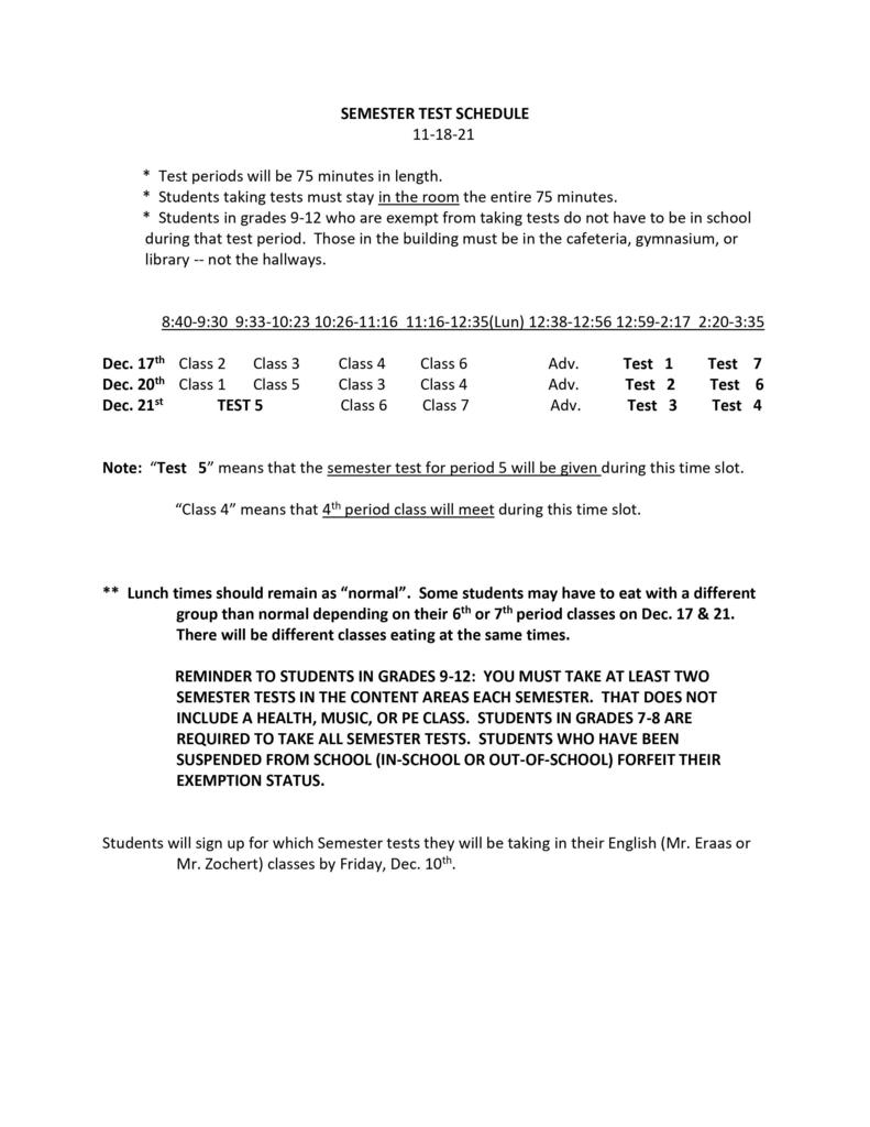 Fall 2021 Semester Test Schedule