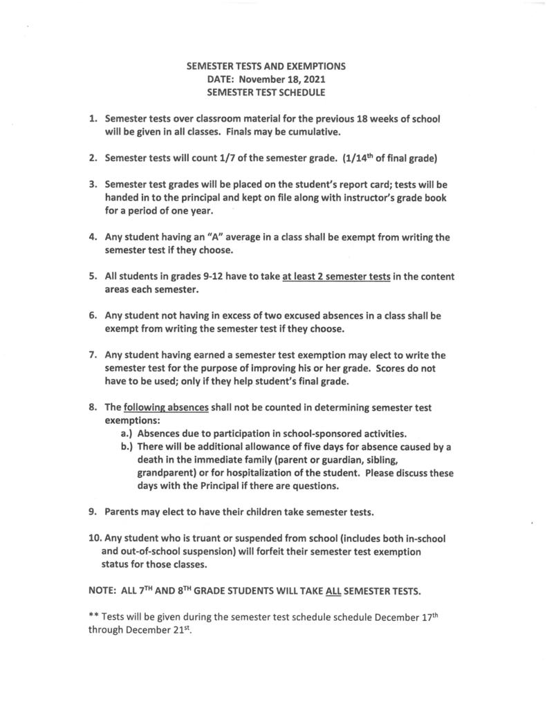 Fall 2021 Semester Test Details