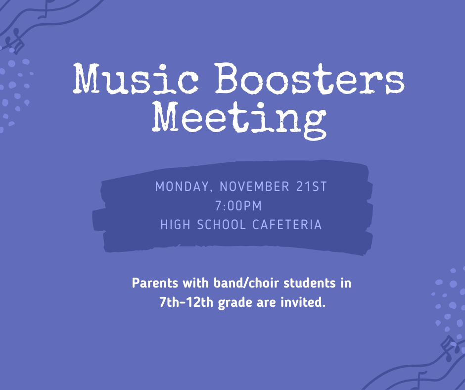 Music Boosters will be meeting Monday, November 21st at 7:00 pm at the THS cafeteria.  Parents with band/choir students in 7th-12th grade are invited.