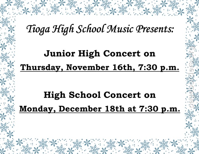 JH is Thursday, Nov. 16th at 7:30 pm.  HS is Monday, Dec. 18th at 7:30 pm. Admission: $6 for adults & $3 for students
